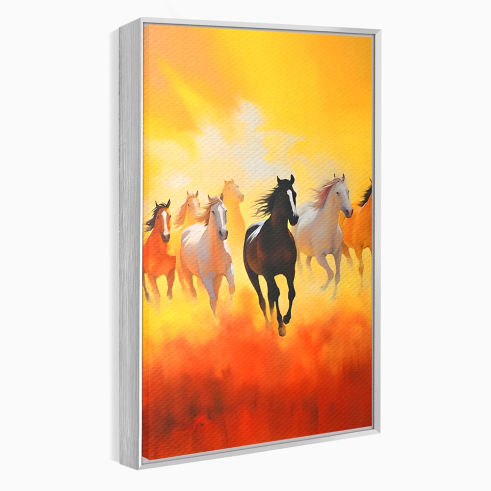Tablou canvas cu pictura cu cai in galop, in rama de aluminiu argintiu